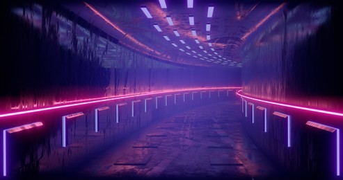 3d rendering illustration. sci-fi futuristic abstract gradient blue violet pink neon. a glowing corridor on the reflection of the concrete floor. a dark interior room.