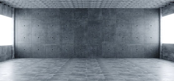 modern huge concrete material empty hall with many columns and big white glowing windows wallpaper space for text 3d rendering illustration