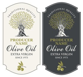 vector set of two labels for extra virgin olive oil with handwritten calligraphic inscription, olive tree and olive sprig in figured frame in retro style.