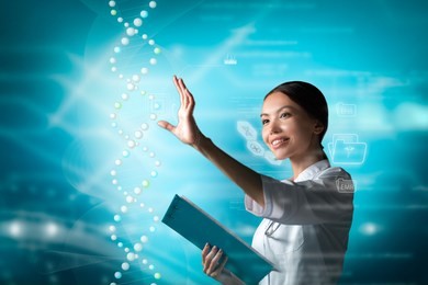 molecular biology, genetics and medical concept. an asian woman doctor, scientist or biologist is working in a futuristic, augmented reality virtual space, interacting with a dna sequence. 