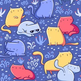 cute colorful cats seamless pattern. kawaii doodles. design for print (t-shirt, apparel, wrapping paper, background, poster).