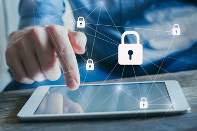 data protection and cybersecurity, internet network with padlocks, cyber security