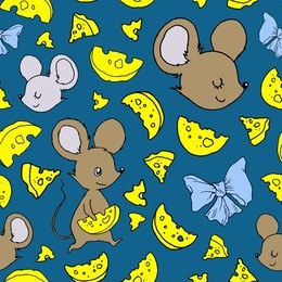 doodle mouse. hand drawn seamless pattern with cartoon animal, piece of cheese and bow. brown, gray, blue and yellow illustration on dark indigo background. comic character for children's design