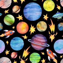 seamless pattern with colorful planets, rockets, flying saucer, stars on black background. watercolor space illustration. cute childish background