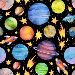 seamless pattern with colorful planets, rockets, flying saucer, stars on black background. watercolor space illustration. cute childish background