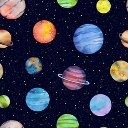 seamless pattern with colorful planets and stars on dark background. watercolor space illustration