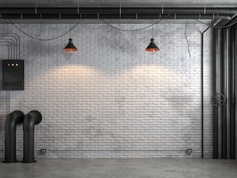industrial loft style empty room with white brick wall 3d render,there are white brick wall and polished concrete floor decorate with black steel tube.