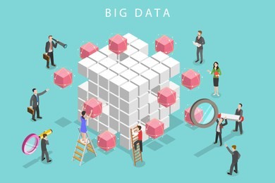 flat isometric vector concept of big data analysis, database research, advanced analytics.