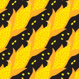 cartoon ear of corn with grain seamless pattern. vector ilustration isolated on black background.
