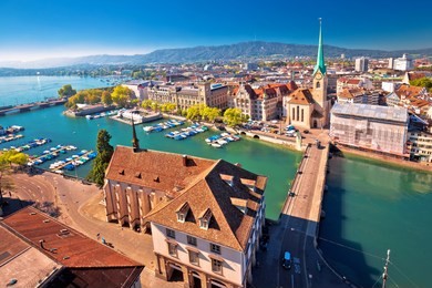 zurich and limmat river waterfront aerial view, largest city in switzerland