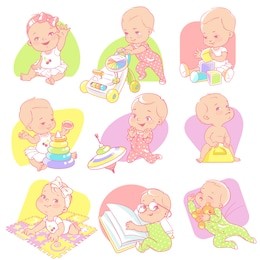 set with cute little baby toddler girl with different toys. child's activities. baby read, sleep, play, walk, sit on potty. one year girl, pink pajamas. design for mom's blog. vector illustration
