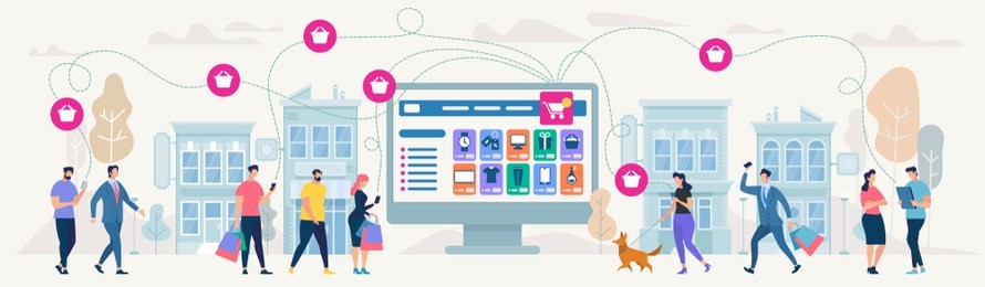 online shopping and network. ecommerce sales, digital marketing. sale and consumerism concept. online shop application. digital technologies and shoppin. flat style vector illustration.