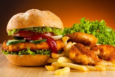 big hamburger, chicken nuggets and french fries