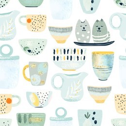 seamless pattern of decorative tableware items. ceramic kitchen utensils or crockery - cups, dishes, bowls, pitchers. vector illustration in flat modern style on white background.