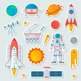 space sticker set. astronaut, the earth, comet, satellite, rocket, meteorite, ufo, moon, shuttle, radar, telescope, lunohod, stars, mars. flat vector illustration.