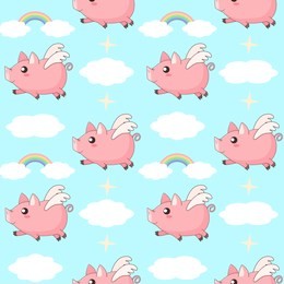 cute cartoon kawaii piglets flying in the sky between clouds and rainbows, vector seamless pattern background