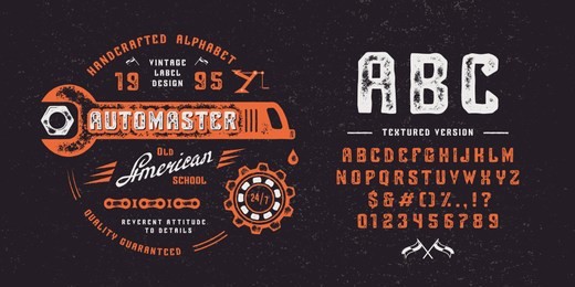 font automaster. hand crafted retro vintage typeface design. handmade textured lettering. handmade  type on black background.  authentic graphic alphabet. vector illustration old label logo template.