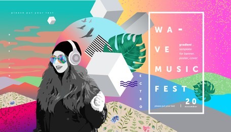 colorful abstract  poster and cover design, electronic music festival banner with abstract gradient, vector psychedelic background for  flyer or brochure, illustration of a girl who listen to music 