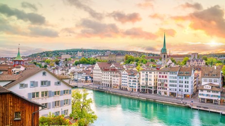 beautiful view of historic city center of zurich at sunset in switzerland
