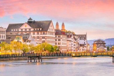 beautiful view of historic city center of zurich at sunset in switzerland