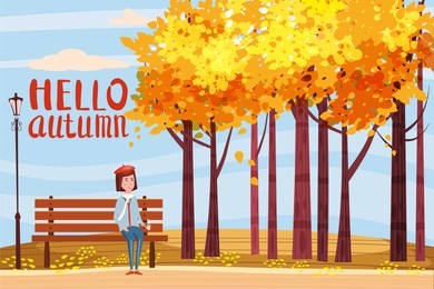 hello autumn, happy girl sitting on a bench with a cup of coffee, under a tree with falling leaves in a park, lettering, vector, illustration, isolated
