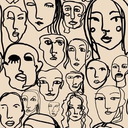 abstract line art texture with human faces. hand-drawn vector seamless pattern with portraits in modern style.