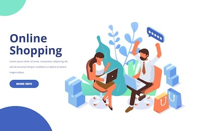 online shopping isometric concept. people making online shopping. isometric man and woman with laptop. flat  vector design isolated on white background.