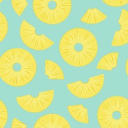 seamless pattern from sliced ​​pineapple pieces on a green background. design for textiles, wrapping, poster. vector illustration.