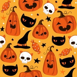 halloween seamless pattern with cute pumpkins, black cat and other halloween elements. halloween vector background. eps 10