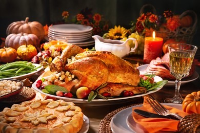 thanksgiving dinner. roasted turkey garnished with cranberries on a rustic style table decoraded with pumpkins, vegetables, pie, flowers and candles