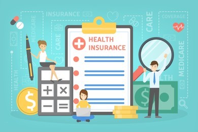 health insurance concept. people standing at the big clipboard with document on it. healthcare and medical service. money pile.
