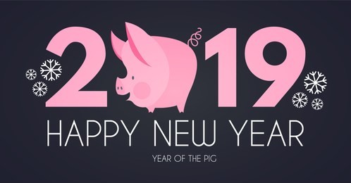 happy new 2019 year template with cartoon pig character. vector illustration