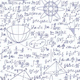 vector seamless math pattern with mathematical figures, calculations and formulas, "handwritten on the grid paper"