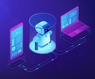 modern robotics system connected with mobile phone and laptop. wifi controlled robotics, robotics development, robotic programming concept. ultraviolet neon vector isometric 3d illustration.