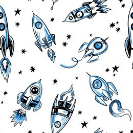 space rockets print, seamless pattern design. hand drawn illustration.