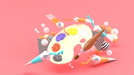 color palettes and colored tubes among colorful balls on a pink background.-3d rendering.