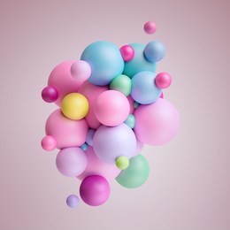 3d render, abstract pink pastel balls, multicolored balloons, candy, geometric background, primitive shapes, minimalistic design, party decoration, plastic toys, isolated elements