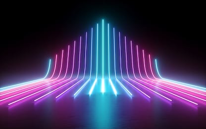 3d render, abstract minimal background, glowing lines going up, arrow, cyber, chart, pink blue neon lights, ultraviolet spectrum, laser show