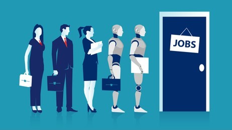 competition of people and robots for job, robots have priority isolated on blue background. technological revolution concept. unemployment in the digital world. vector illustration minimal  flat style