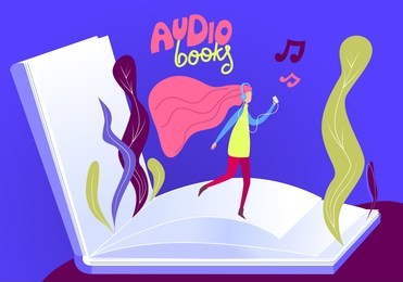 audio books flat vector illustration for web page design for online education, training and courses, learning, library, marketing. young girl listening audiobook and walk through pages.