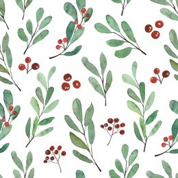 hand-drawn pattern with christmas branches elements.hand painted watercolor seamless pattern. 
