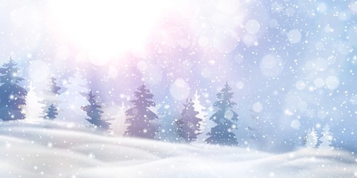 beautiful christmas, snowy woodland landscape with snow covered firs, coniferous forest, falling snow, snowflakes for winter and new year holidays. christmas winter background glitter. vector.
