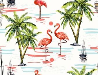 beautiful botanical vector seamless pattern background with coconut palm trees, sailboat silhouettes, sun, pink flamingo. isolated on white background. the summer beach surfing illustration. 