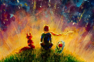 original oil painting little prince and fox and red rose sitting on grass under starry sky. colorful illustration.