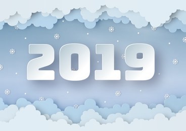 origami made happy new year 2019 of winter weather forecast with snowflakes, snowballs and clouds on blue sky background. paper art design and craft style