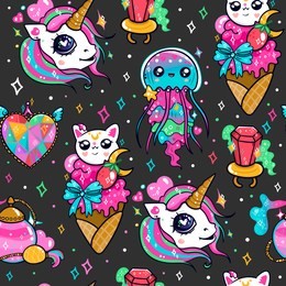 various kawaii elements. hand drawn colored vector seamless pattern. black background