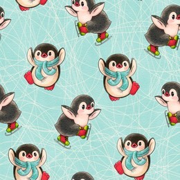 seamless pattern with cute penguins. hand-drawn drawing with markers.