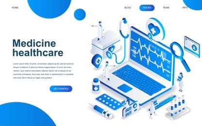 modern isometric design concept of online medicine and healthcare for website and mobile website development. isometric landing page template. doctors treating the patient. vector illustration.