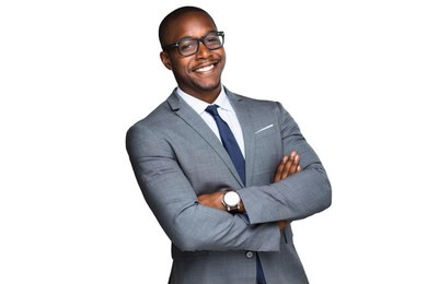 african american business man with fun cheerful smiling laughing candid warm happy expression on white