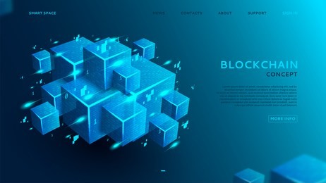 blockchain concept web banner. 3d abstract digital blocks or cubes constructs database. technology background with realistic blocks with program code. landing page template. vector illustration.